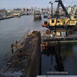 Old bridges and construction equipment